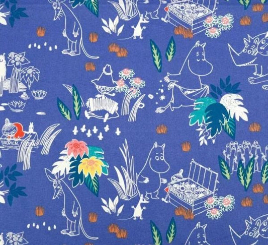 The image is a fabric print featuring a repeating pattern of various cartoon-style animals and plants, including kangaroos, elephants, and tropical flowers, against a blue background.