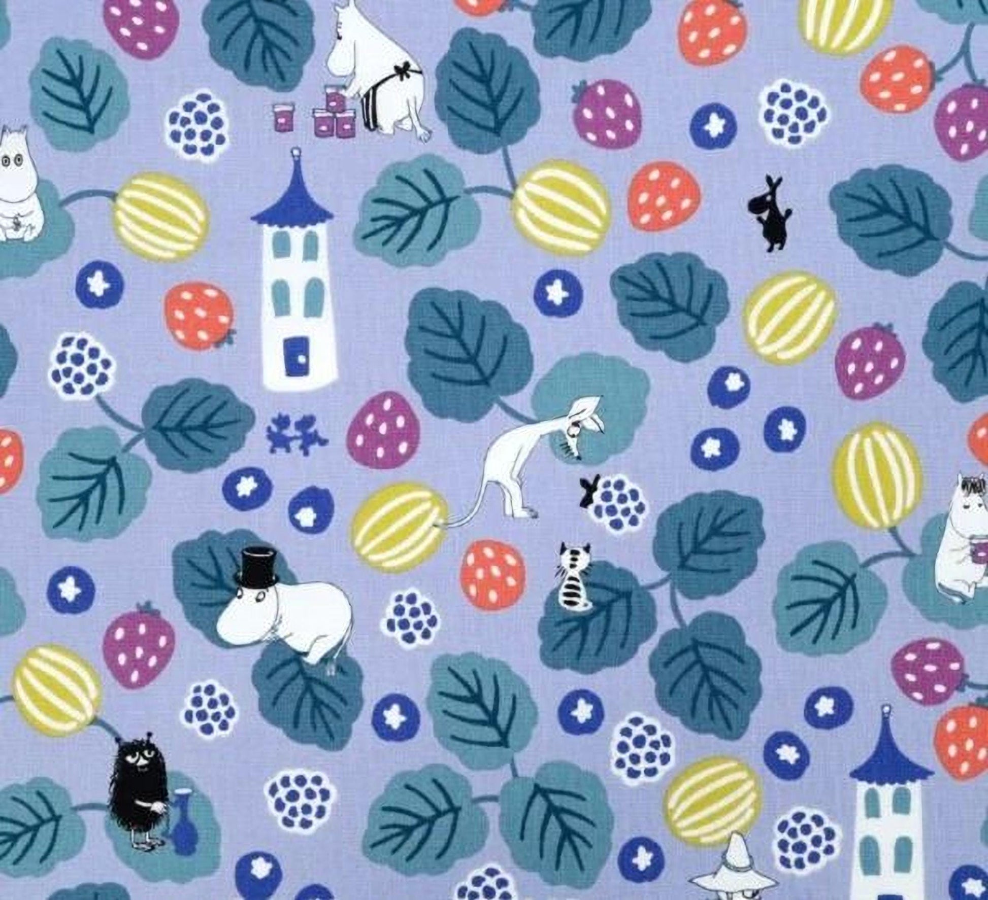 The image is a fabric with a repeating pattern of various fruits, animals, and buildings. The pattern includes elements such as strawberries, melons, pineapples, and a cat. The overall design is colorful and whimsical, with a mix of different shapes and sizes.