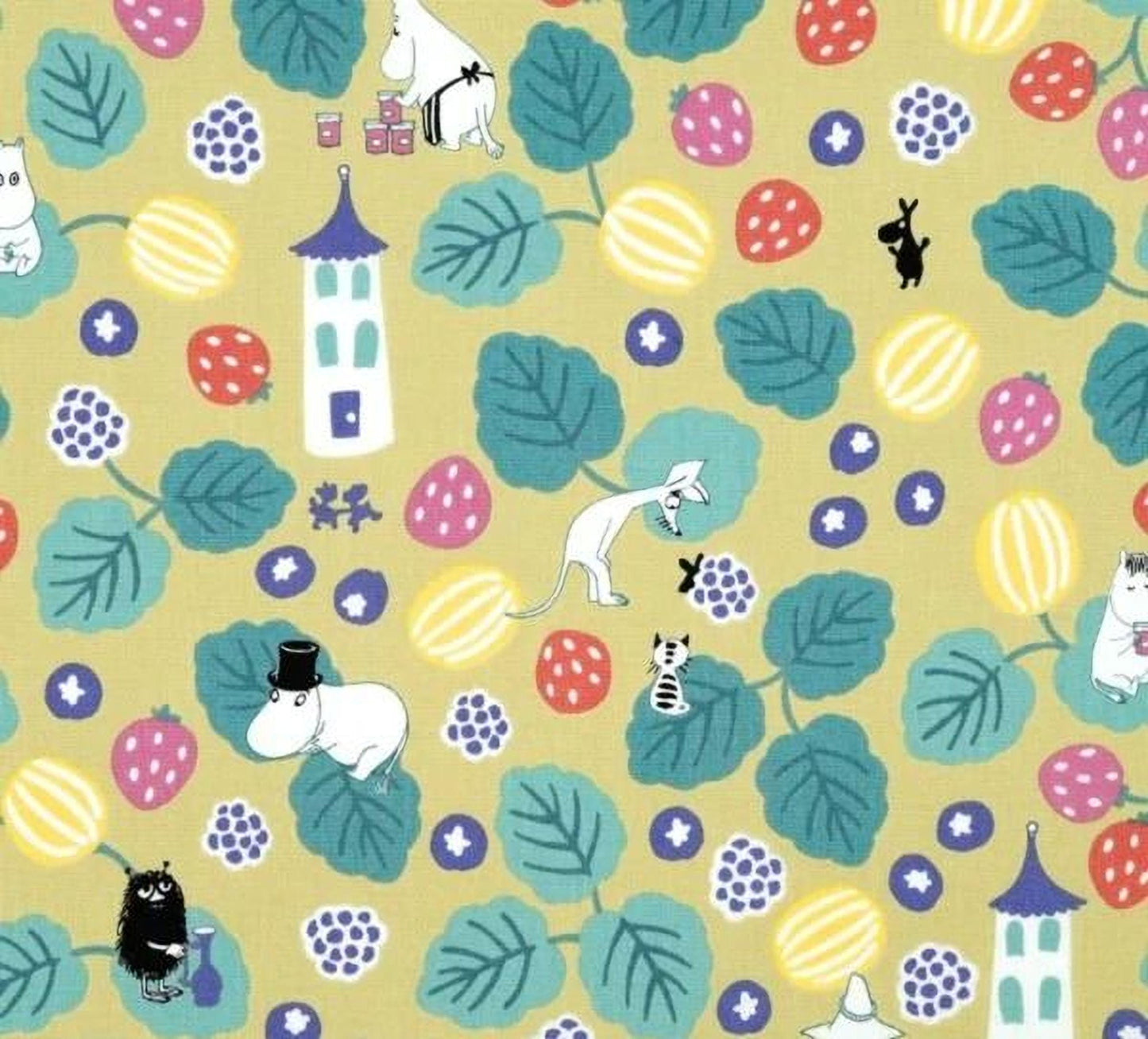 The image is a vibrant and playful pattern featuring various cartoon-style illustrations of animals, fruits, and buildings. The pattern includes a variety of colors, such as yellow, green, blue, and red, creating a lively and visually engaging design.