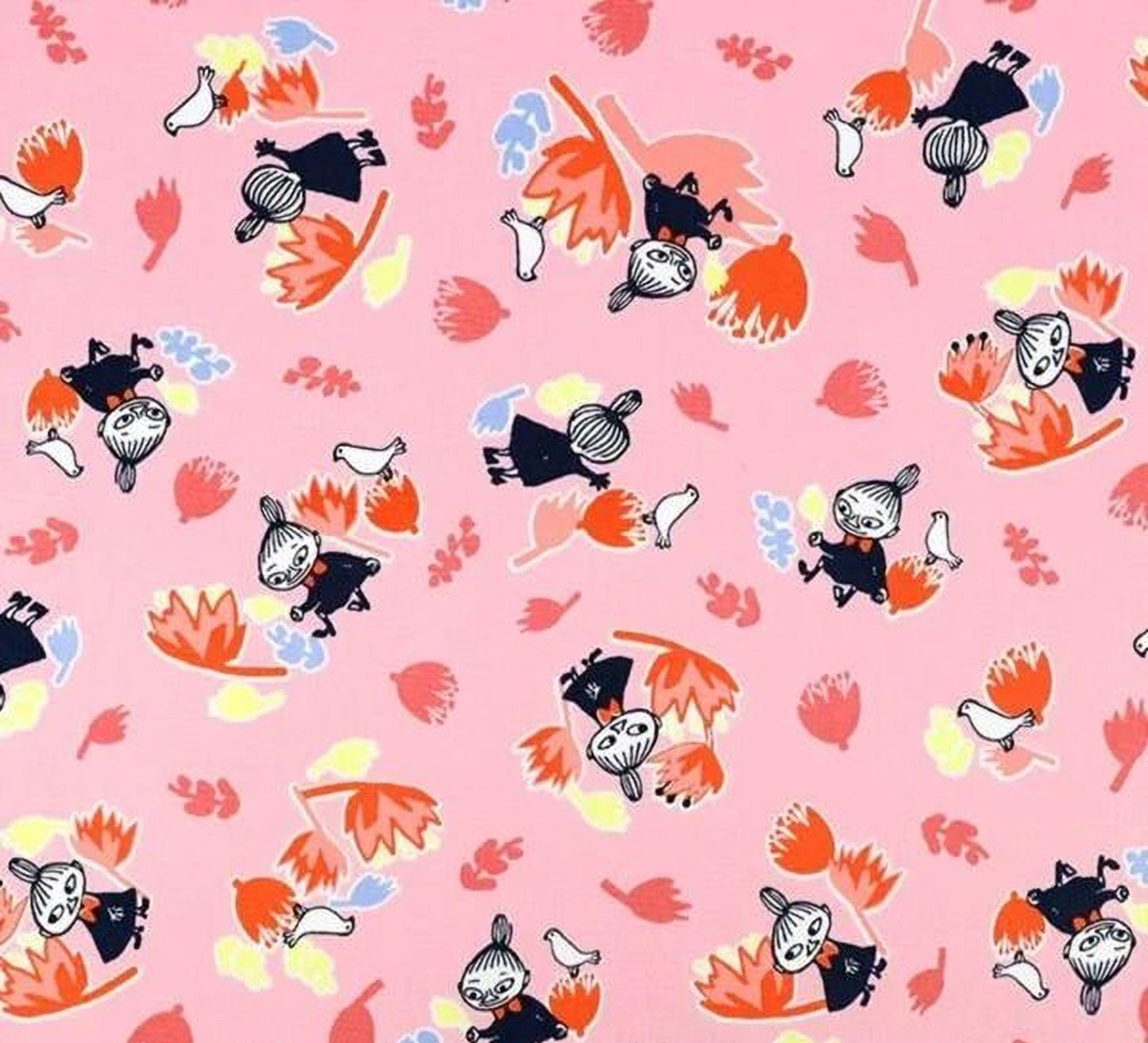 a repeating pattern of various cartoon-style characters and floral elements in shades of pink and orange.