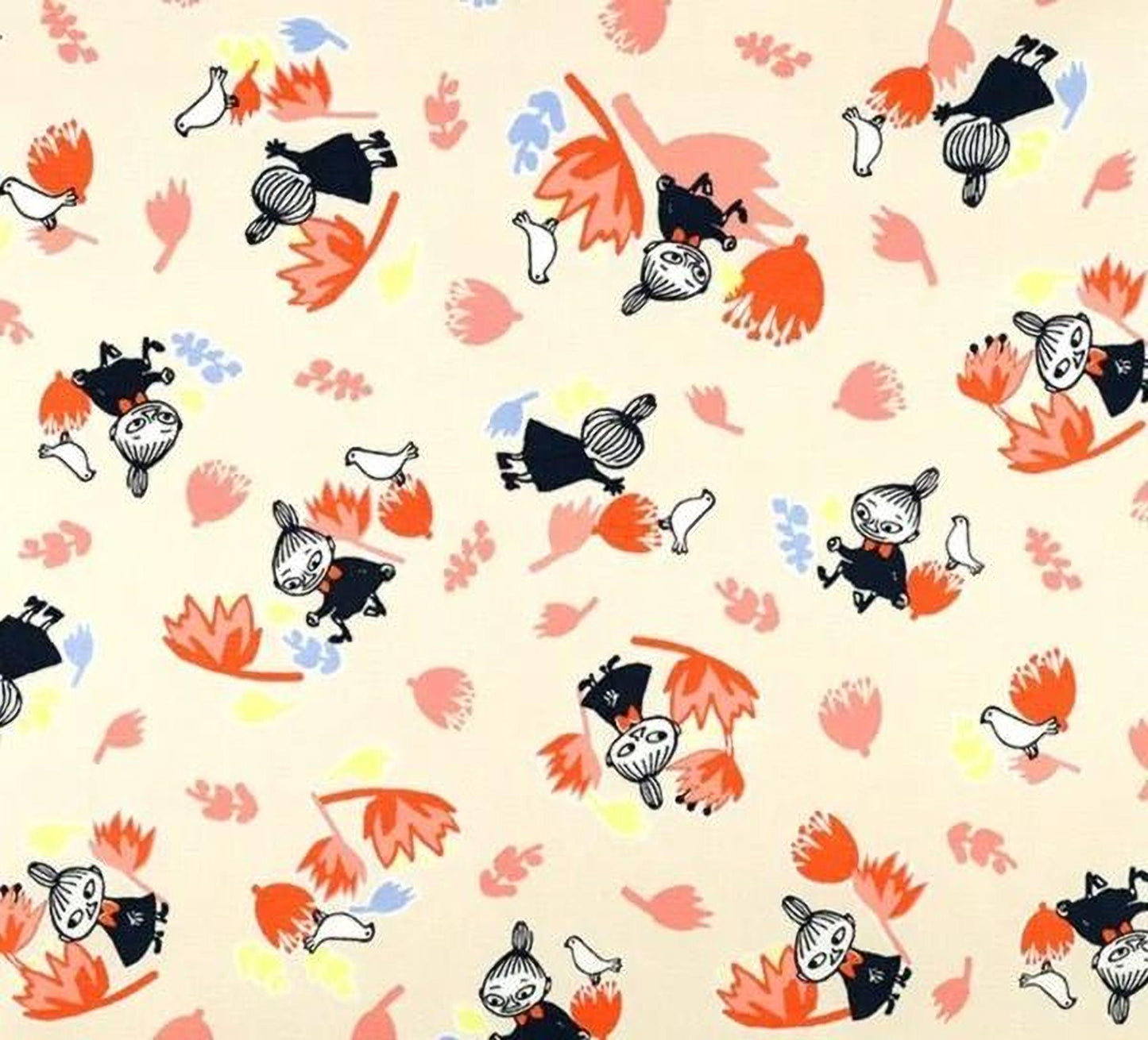a repeating pattern of various cartoon-style characters and floral elements, including birds, flowers, and leaves, all in a vibrant color scheme of orange, pink, and black.