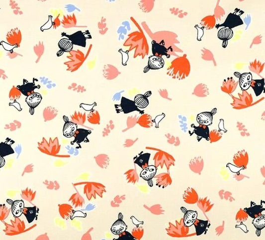 a repeating pattern of various cartoon-style characters and floral elements, including birds, flowers, and leaves, all in a vibrant color scheme of orange, pink, and black.