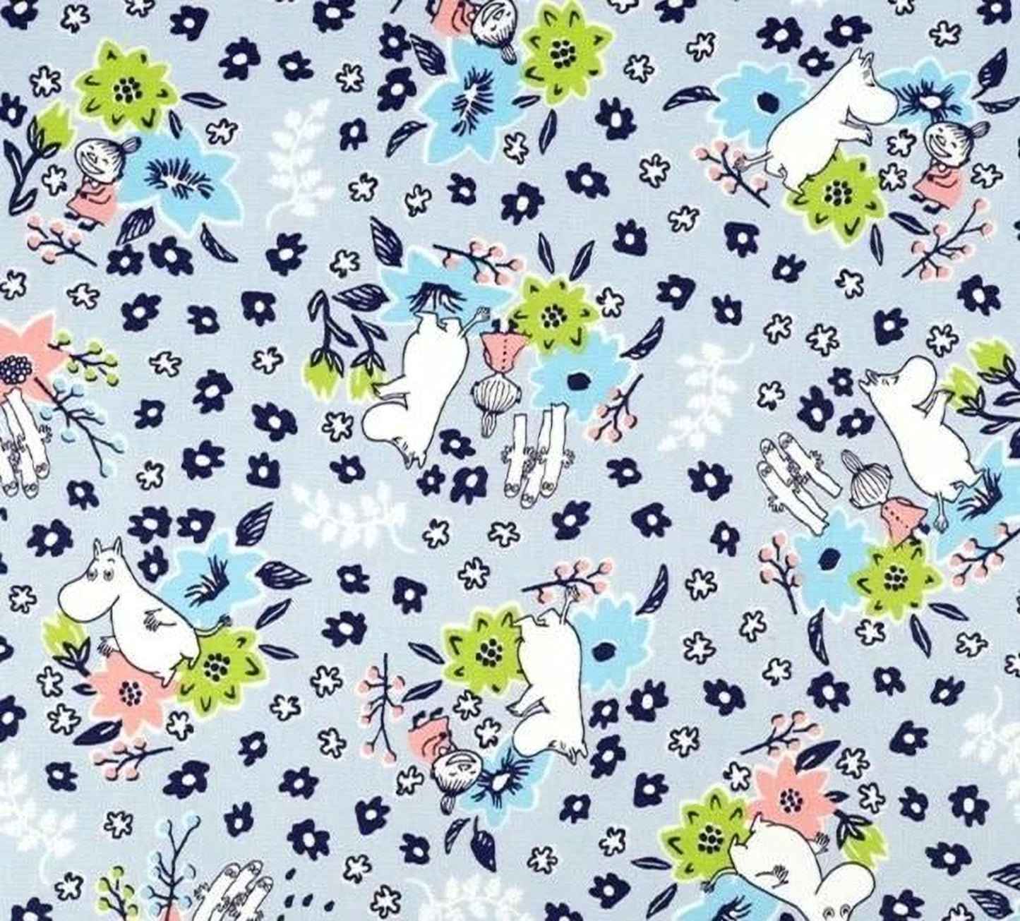 a repeating pattern of various floral and cartoon-like elements, including flowers, leaves, and small animals such as mice and birds. The pattern is predominantly blue and green, with some pink and white accents. The image appears to be a collage of multiple smaller images, and the text "50cm" is visible, indicating the size of the fabric.