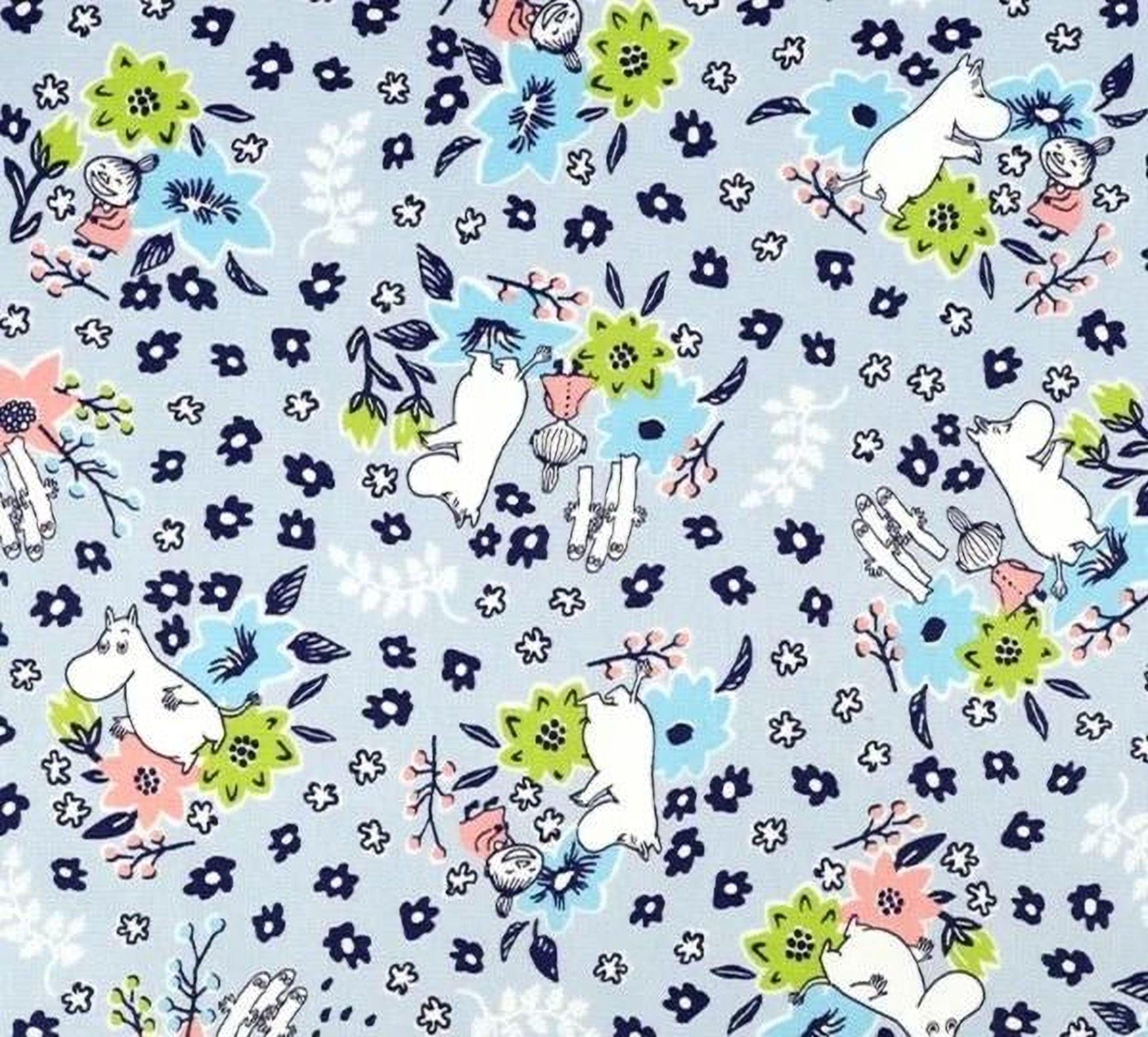 a repeating pattern of various floral and cartoon-like elements, including flowers, leaves, and small animals such as mice and birds. The pattern is predominantly blue and green, with some pink and white accents. The image appears to be a collage of multiple smaller images, and the text "50cm" is visible, indicating the size of the fabric.