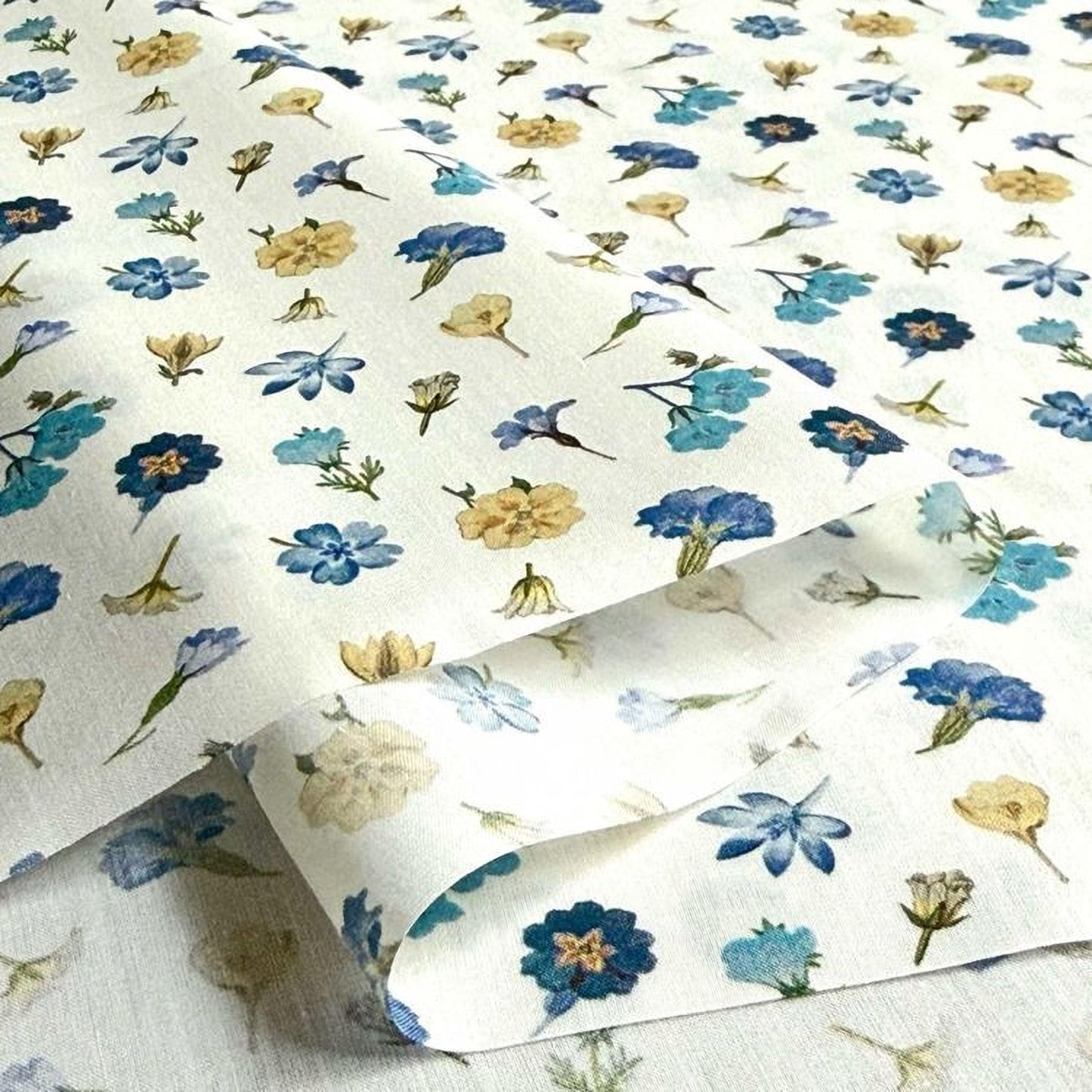 a close-up view of a fabric with a repeating floral pattern in shades of blue and yellow. The pattern consists of various flowers and leaves, creating a visually appealing and intricate design.