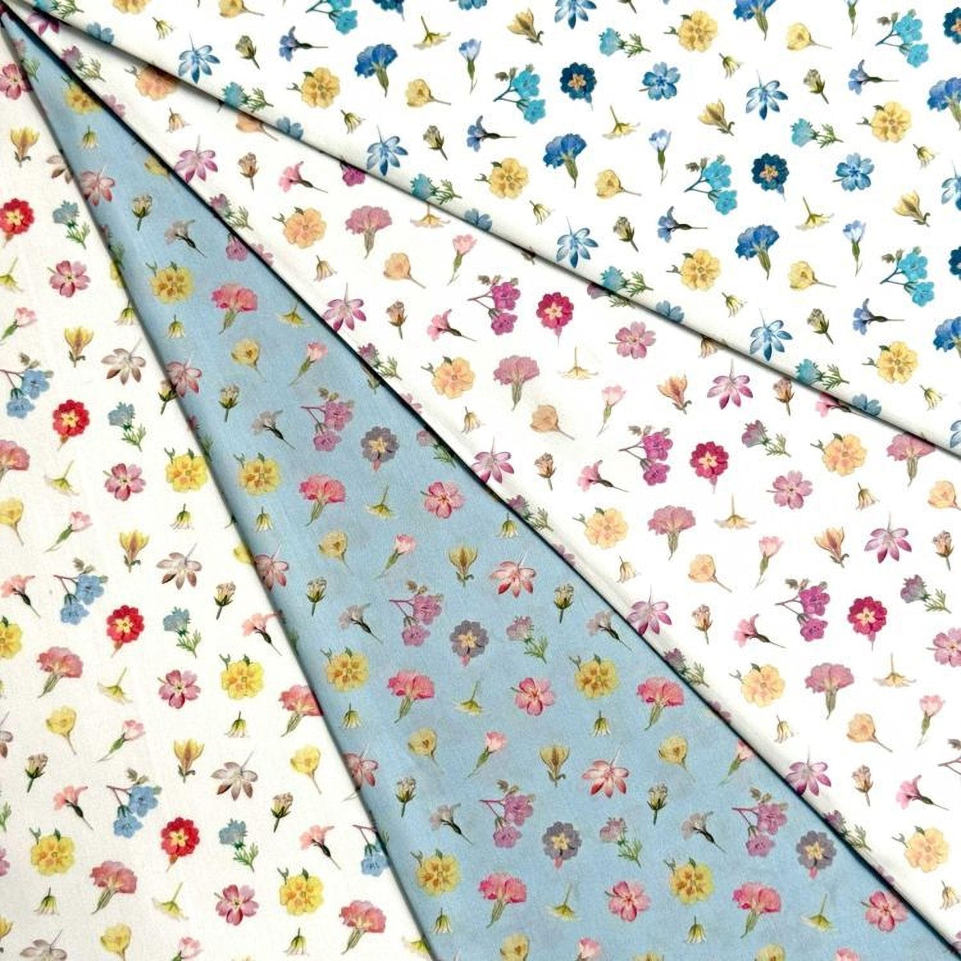 The image is a collage of various fabric swatches with different floral patterns, including blue, white, and pastel-colored flowers.
