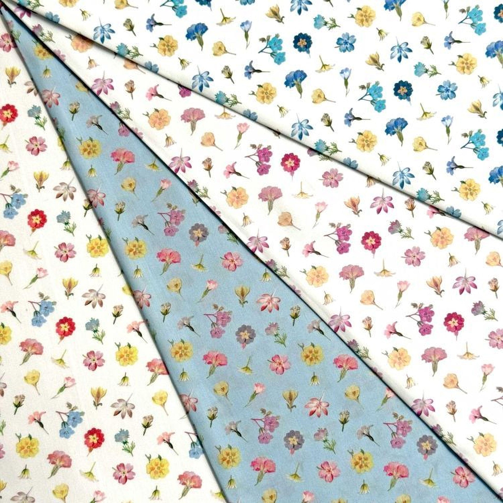 The image is a collage of various fabric swatches with different floral patterns, including blue, white, and pastel-colored flowers.