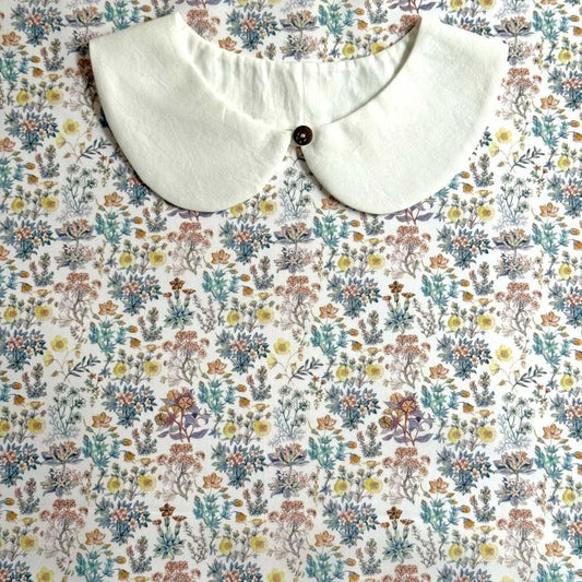 a white collar with a button, placed on a floral print background.
