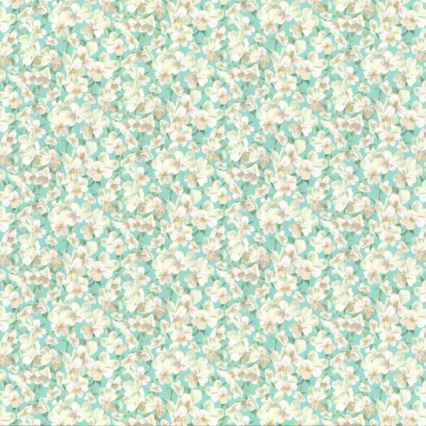 The image is a repeating pattern of small white flowers against a light blue background.