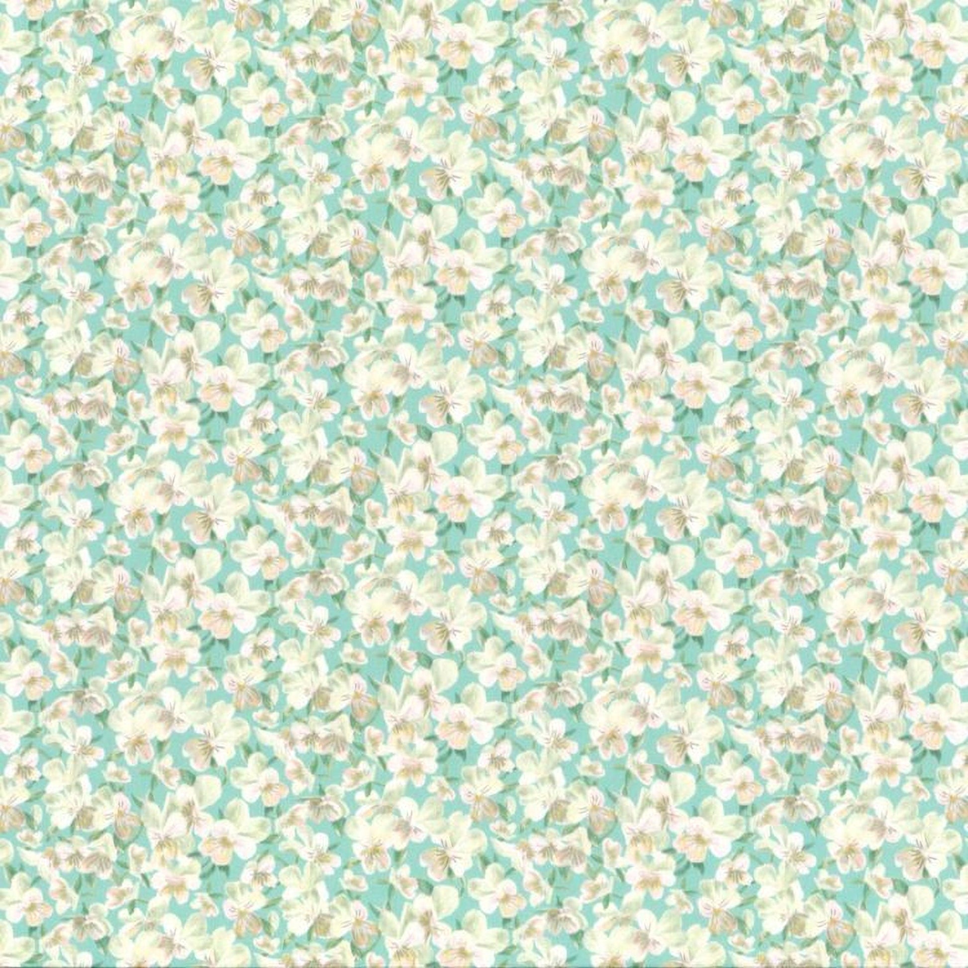 The image is a repeating pattern of small white flowers against a light blue background.