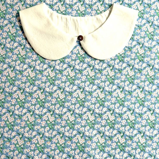 A white collar is displayed against a blue floral background.