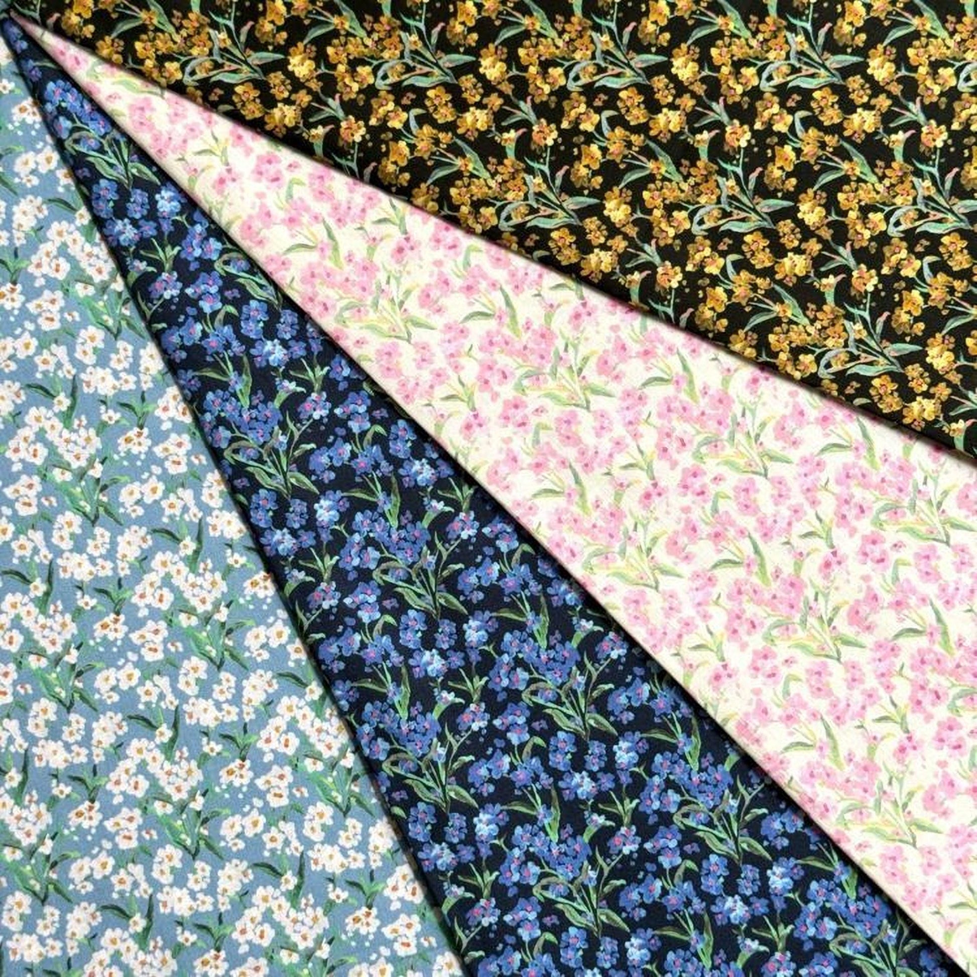 The image is a collage of five fabric swatches, each with a different floral pattern. The swatches include a variety of colors and designs, such as white, blue, green, and pink flowers. The patterns on the fabric swatches are diverse, showcasing a range of floral motifs and arrangements.