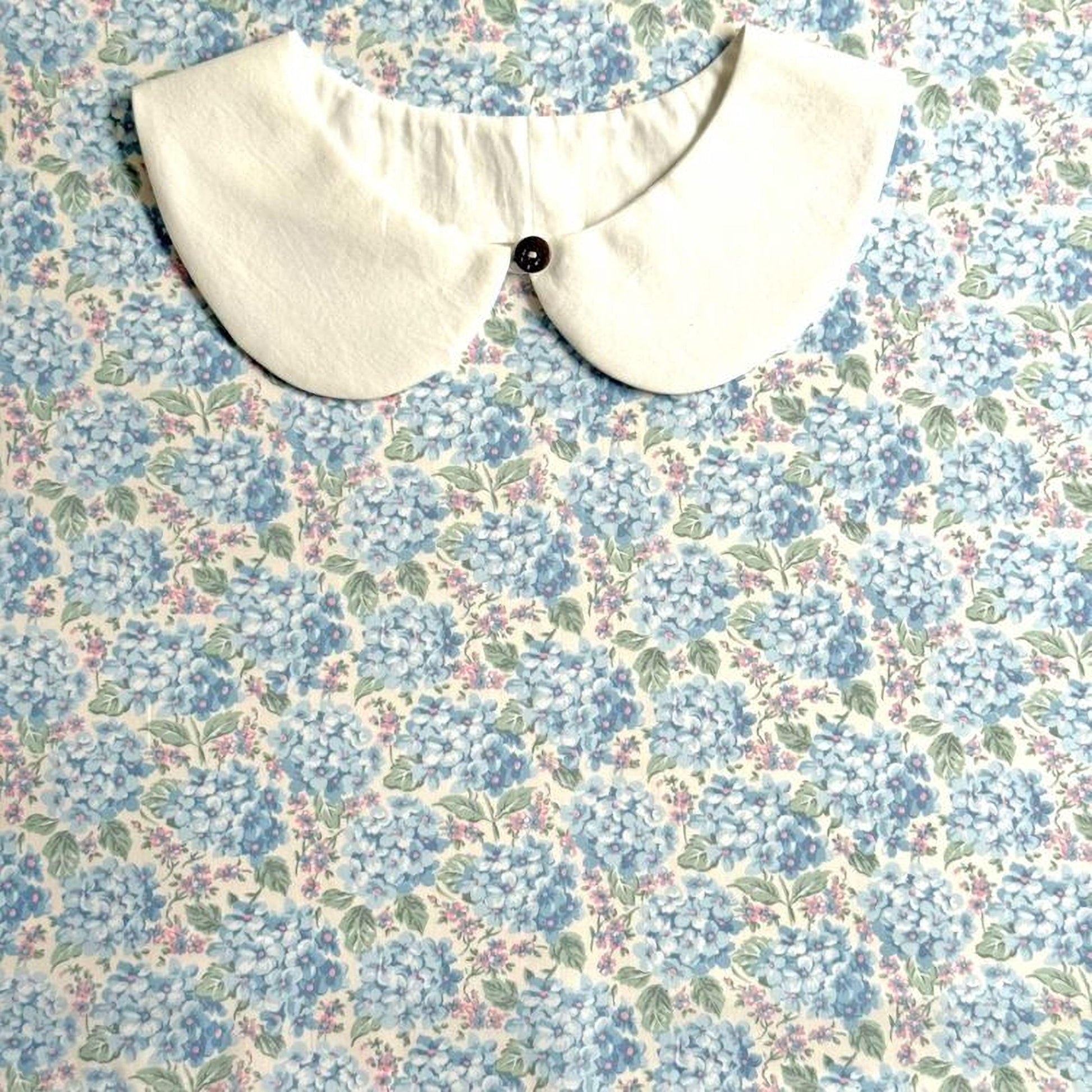 A white collar with a button is displayed against a background of a floral print fabric.