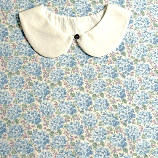 A white collar with a button is displayed against a background of a floral print fabric.