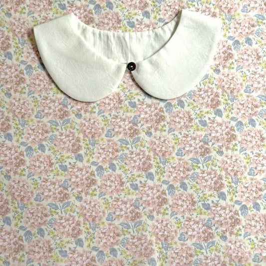 A white collar with a button is displayed against a background of a floral print fabric.