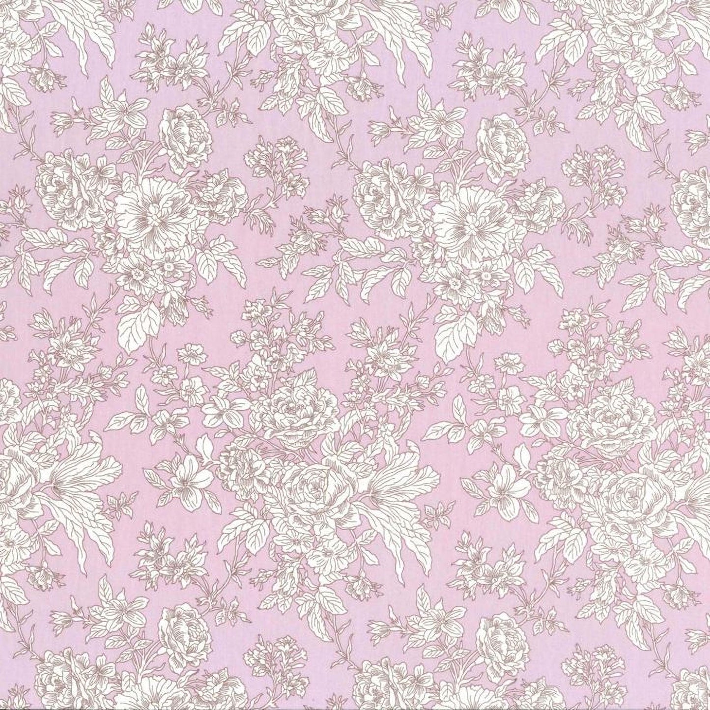a repeating floral pattern in shades of pink and white, with various types of flowers and leaves. The pattern is composed of numerous individual flowers and leaves, creating a visually appealing and intricate design.