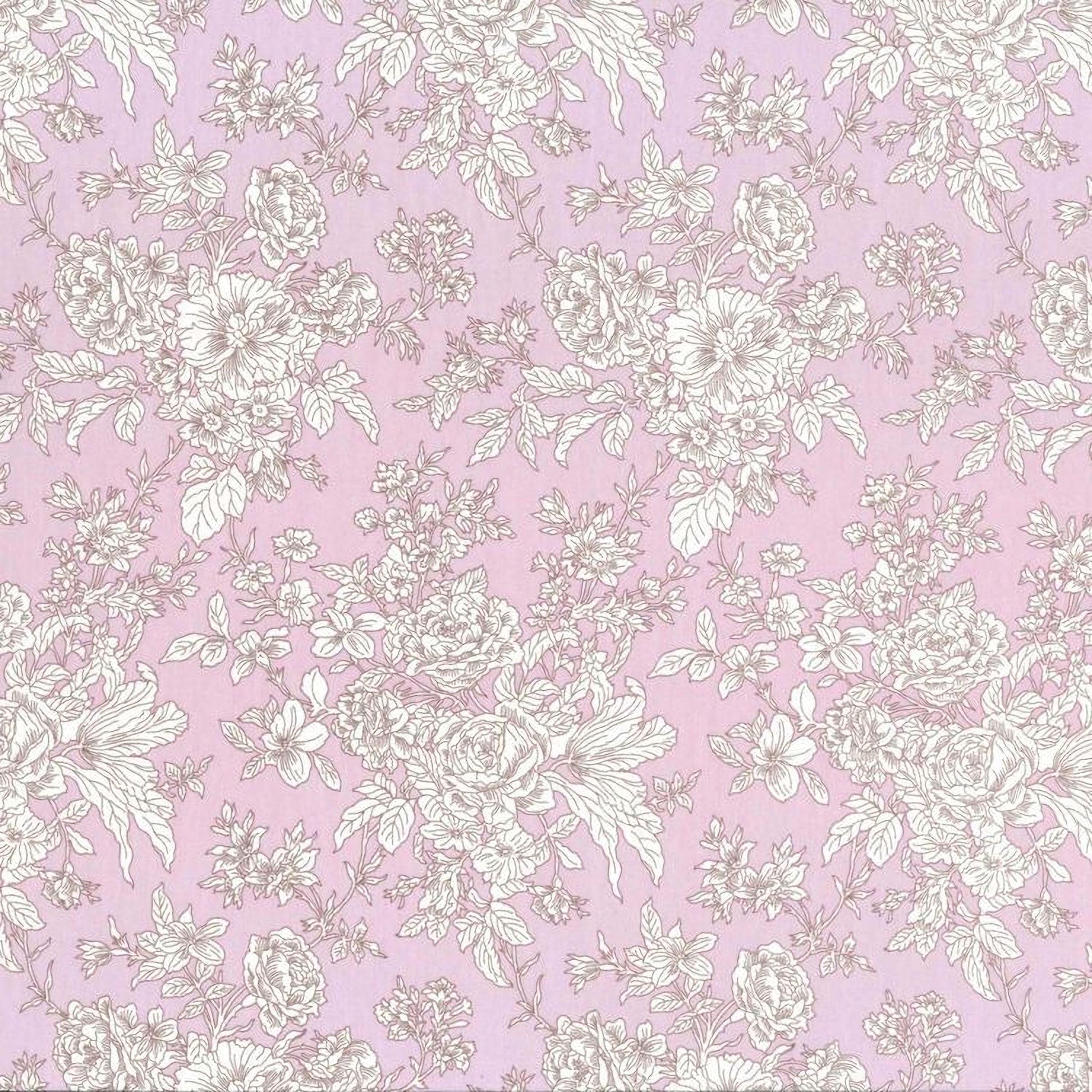 a repeating floral pattern in shades of pink and white, with various types of flowers and leaves. The pattern is composed of numerous individual flowers and leaves, creating a visually appealing and intricate design.