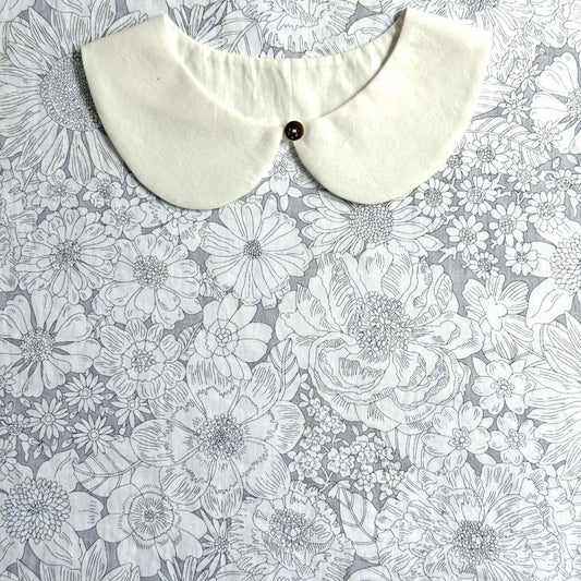 a white collar with a button, placed on a background with a floral pattern.