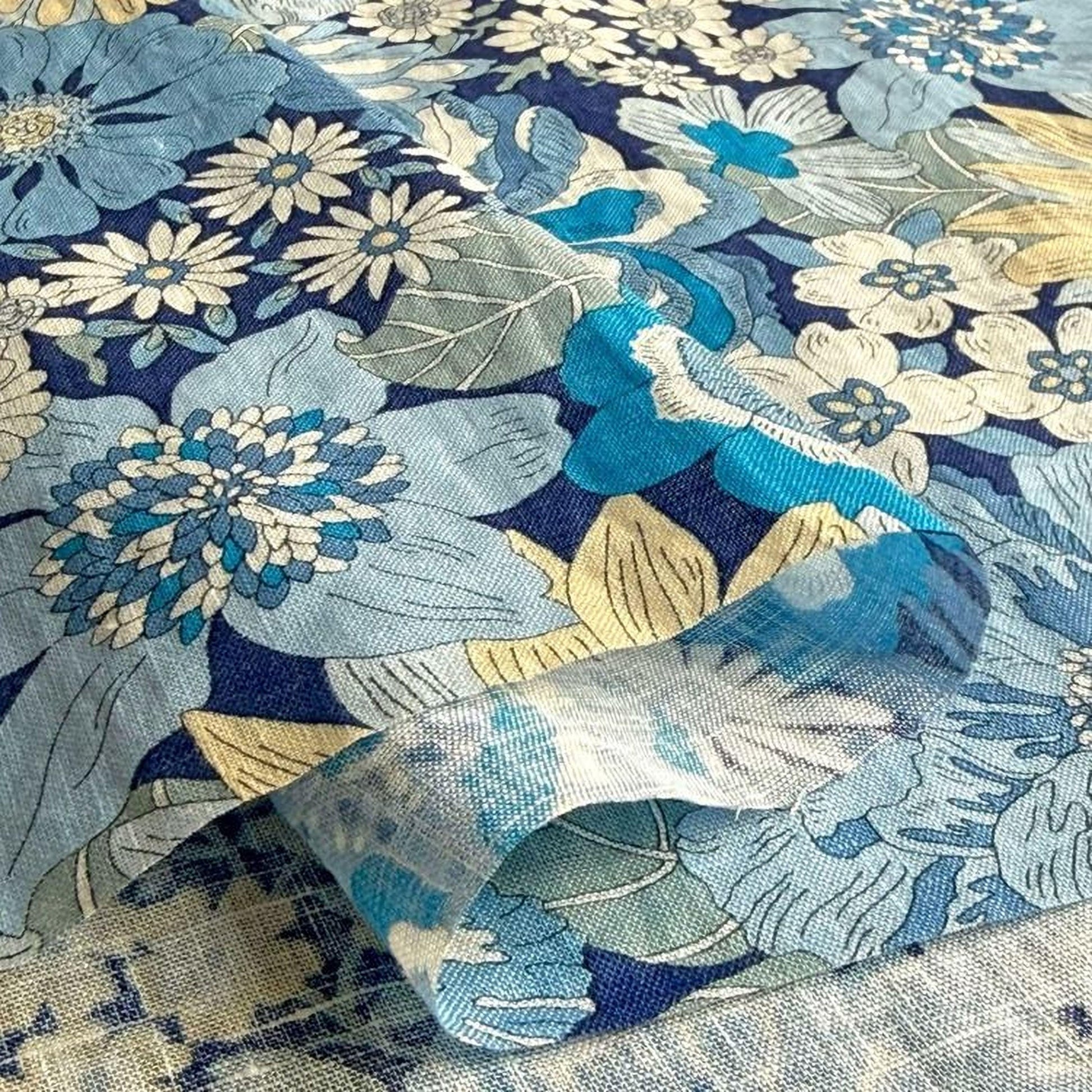 a close-up view of a fabric with a floral pattern in shades of blue, white, and yellow. The fabric appears to be a piece of cloth or textile, with the intricate floral design visible in the background.