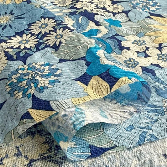 a close-up view of a fabric with a floral pattern in shades of blue, white, and yellow. The fabric appears to be a piece of cloth or textile, with the intricate floral design visible in the background.