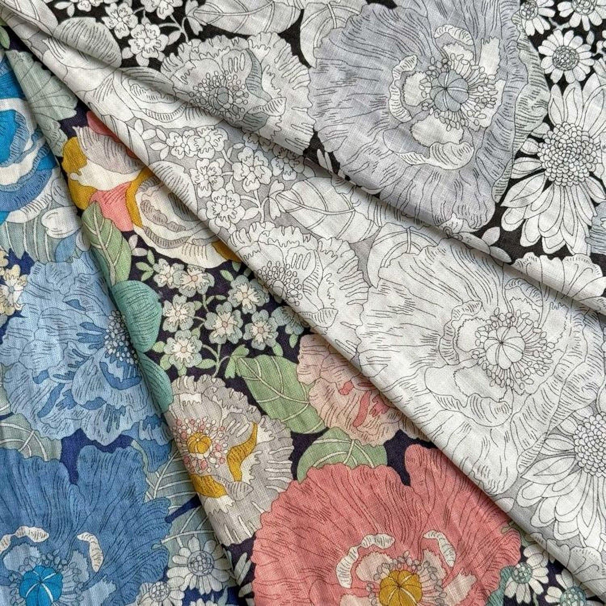 The image is a close-up of a fabric with a floral pattern, featuring a variety of colors and designs.