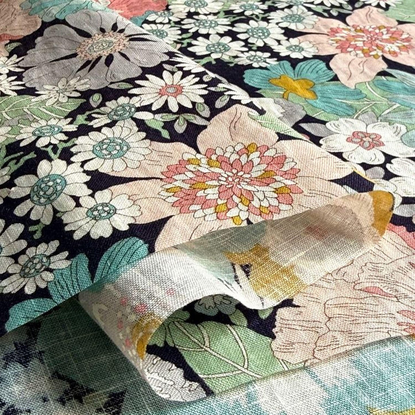 a close-up view of a fabric with a floral pattern, including various types of flowers and leaves in different colors such as pink, white, and green.