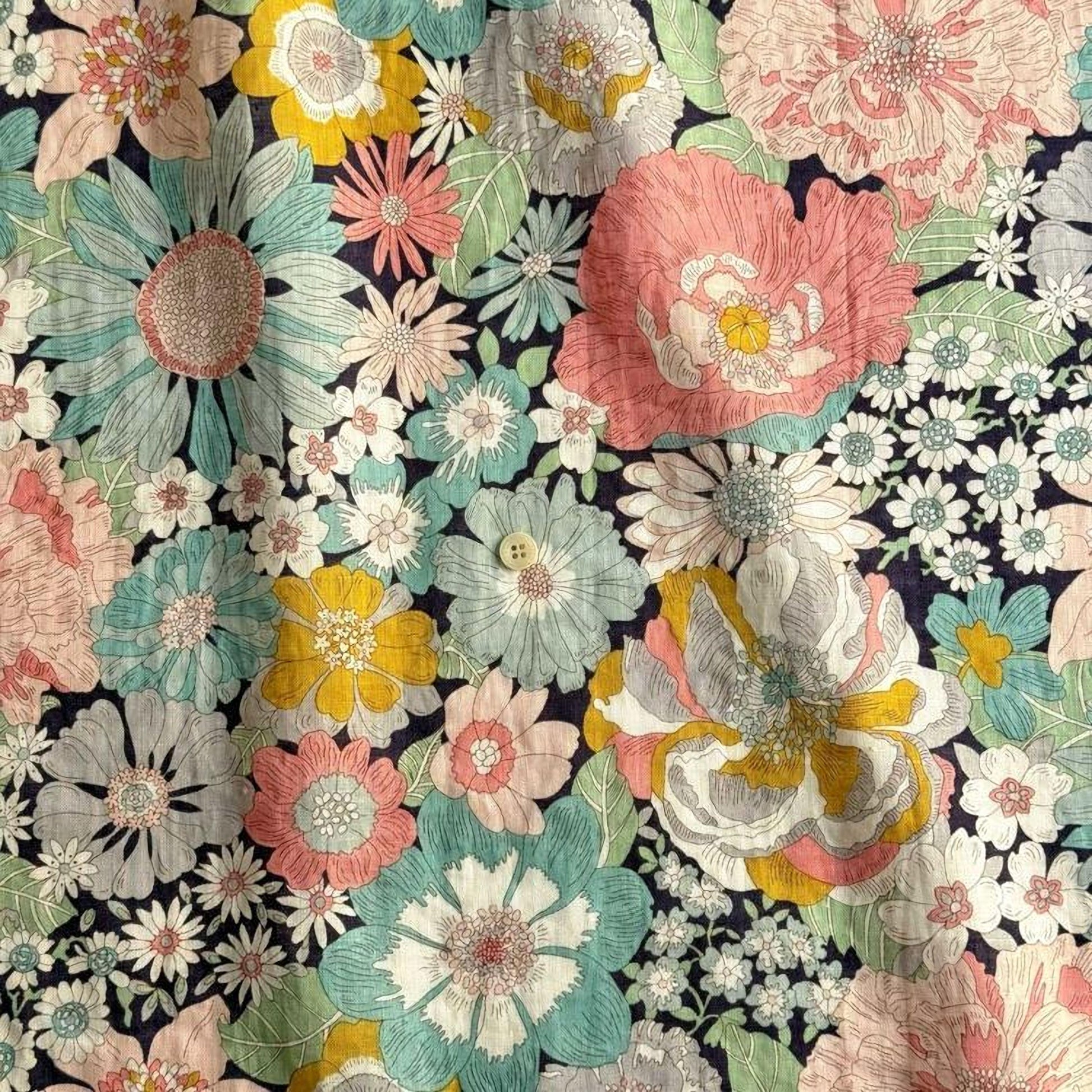 The image is a vibrant and colorful floral print featuring a variety of flowers in shades of pink, white, yellow, and green against a dark background.