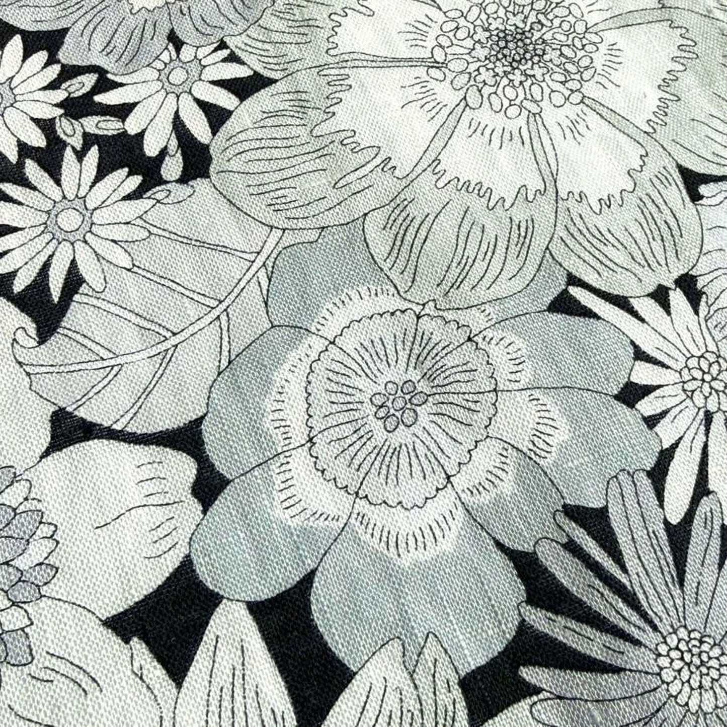 a close-up view of a black and white floral pattern with various flowers and leaves.