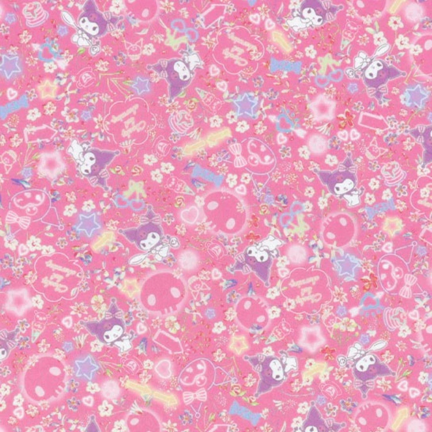 The image is a vibrant and colorful collage of various cartoon-like characters and objects, including stars, flowers, and other whimsical elements, all set against a pink background.