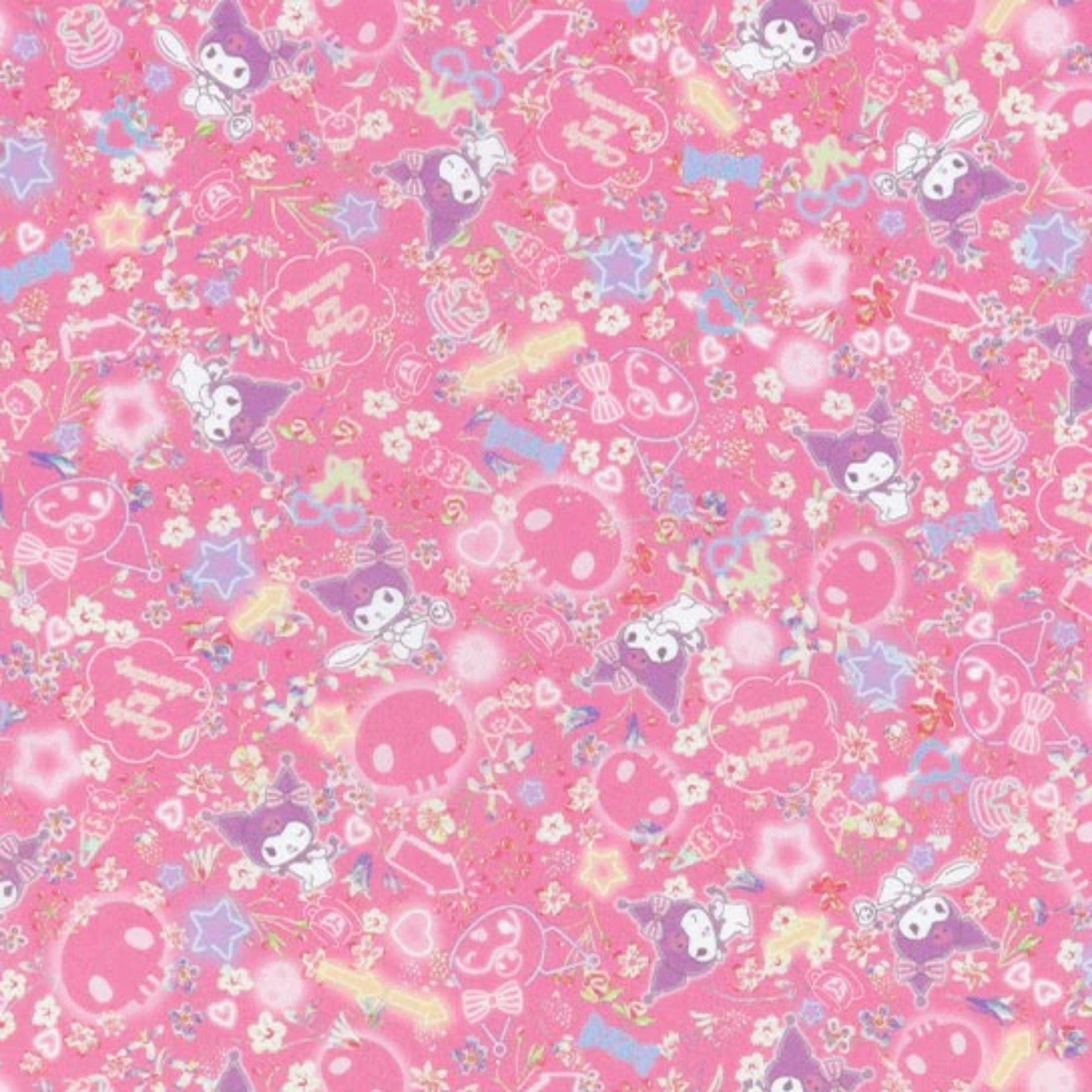 The image is a vibrant and colorful collage of various cartoon-like characters and objects, including stars, flowers, and other whimsical elements, all set against a pink background.