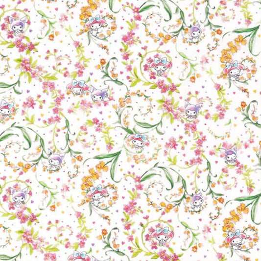 The image is a repeating pattern of various cartoon-like characters, including Hello Kitty, against a background of flowers and leaves.