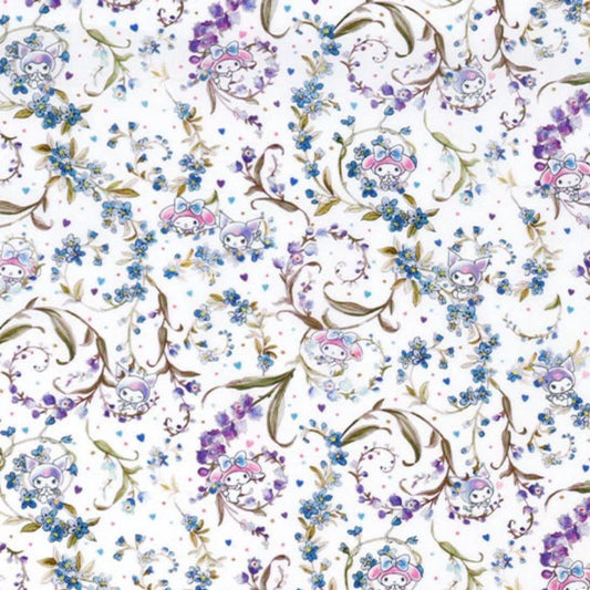 a repeating floral pattern with purple and blue flowers, along with small cartoon-like characters or animals. The pattern is intricate and detailed, creating a visually appealing and whimsical design.