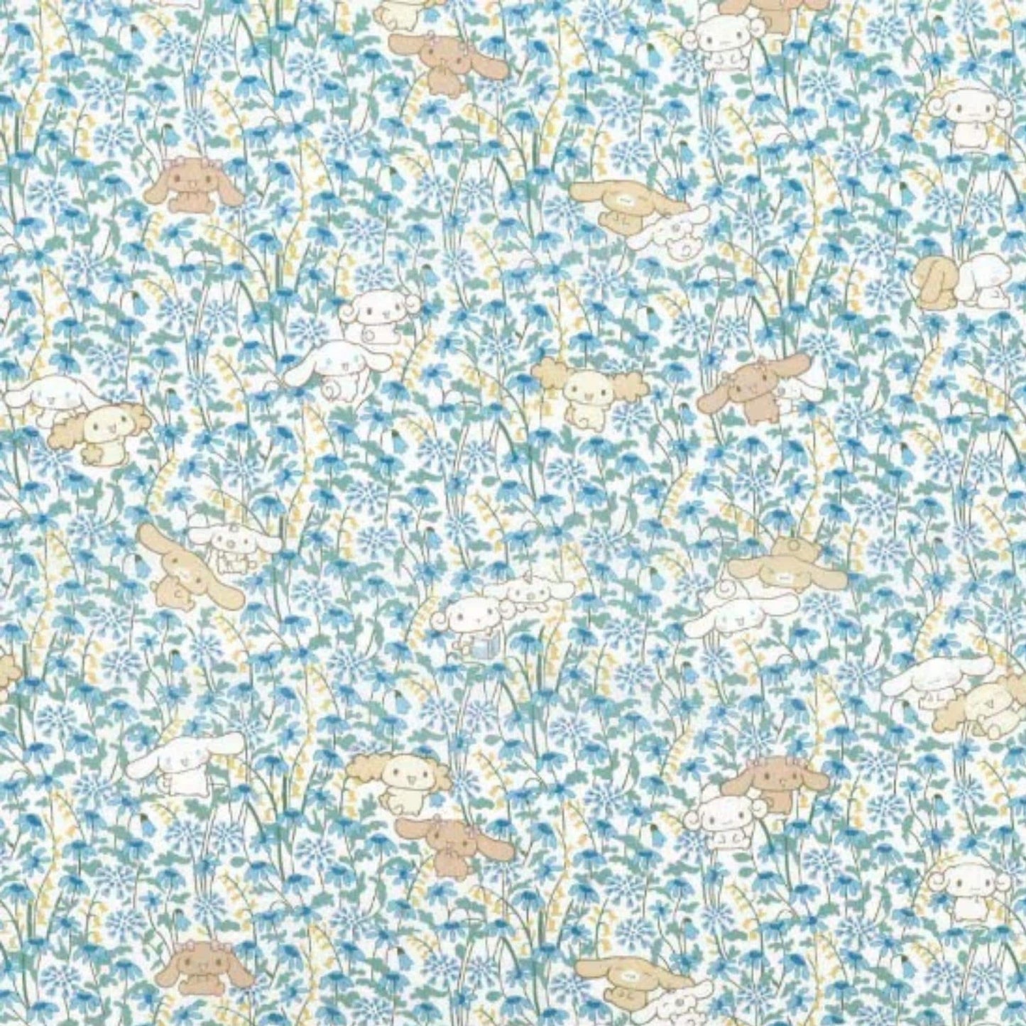a repeating pattern of cartoon-style animals, including rabbits, on a floral background.