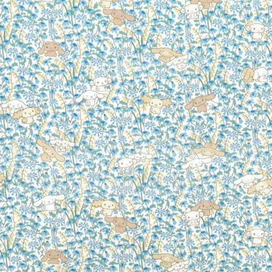 a repeating pattern of cartoon-style animals, including rabbits, on a floral background.