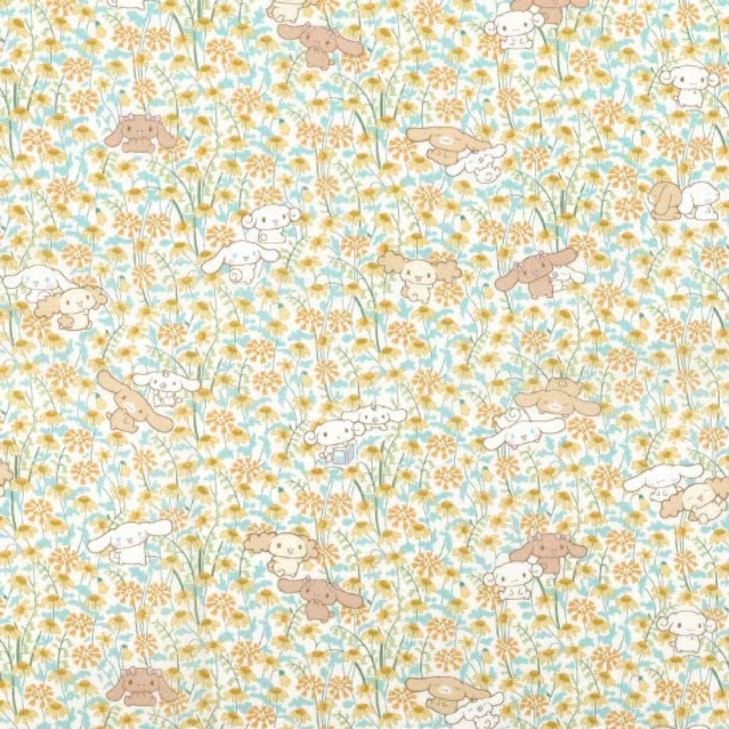 a repeating pattern of cartoon-style animals, including dogs and cats, against a background of yellow flowers.