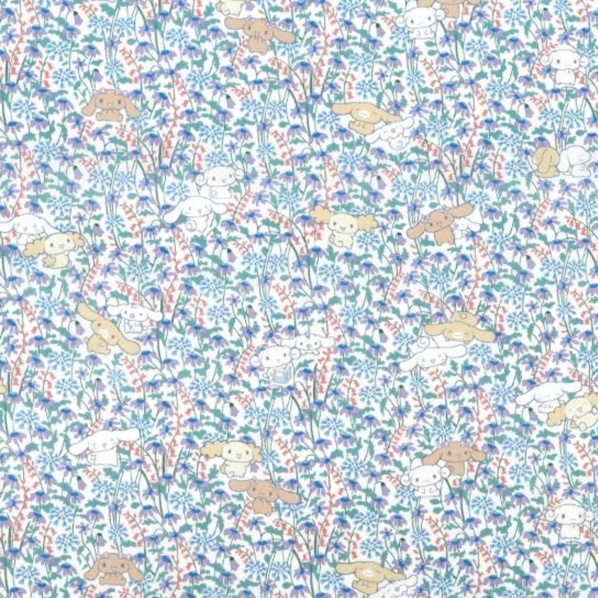 a repeating pattern of cartoon-style animals, including dogs and cats, against a background of blue and green floral designs.