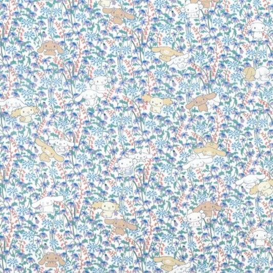 a repeating pattern of cartoon-style animals, including dogs and cats, against a background of blue and green floral designs.