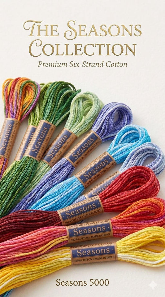 The image is an advertisement for a collection of six-strand cotton threads in various colors, including green, blue, purple, orange, and yellow.