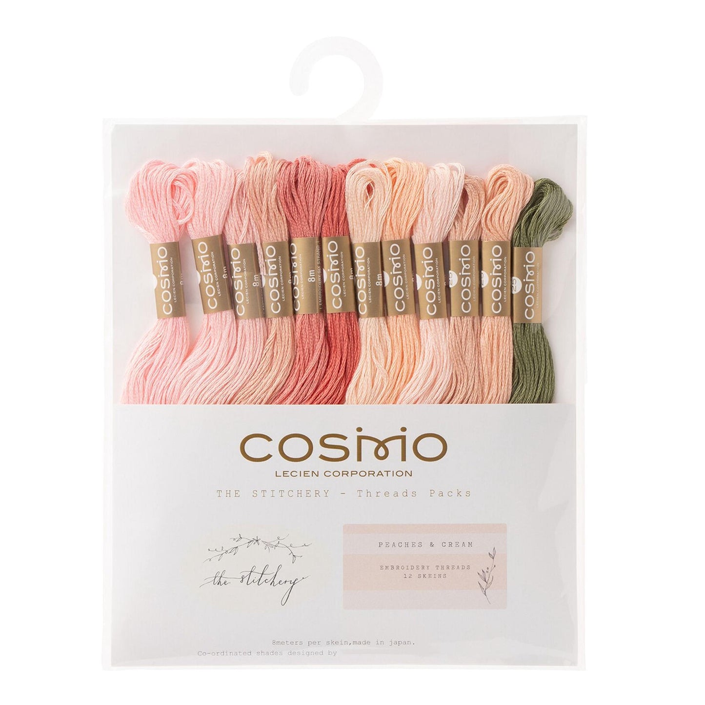a package of embroidery threads from the brand Cosmo, with various colors such as pink, peach, and green.