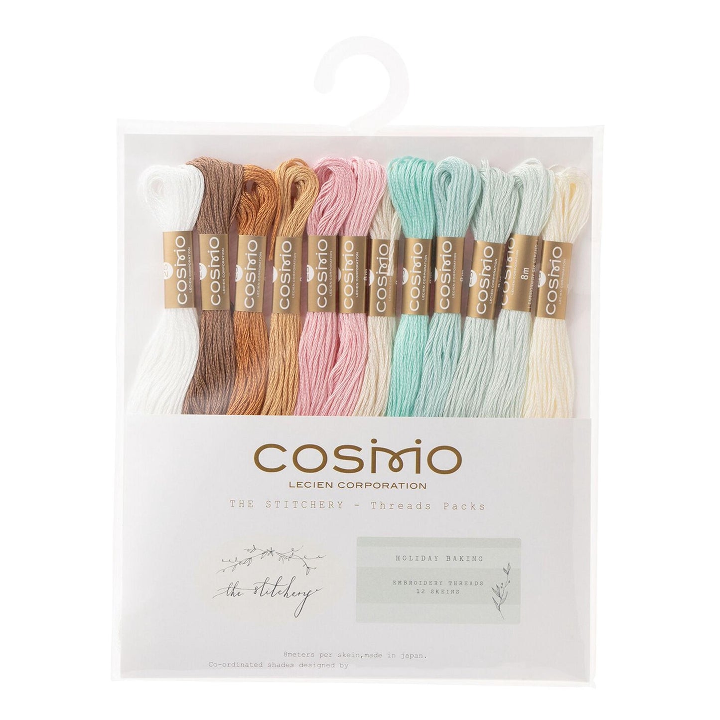 A package containing a set of embroidery threads in various colors, including white, brown, pink, and turquoise.