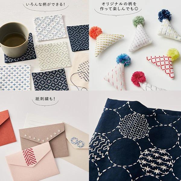 The image is a collage of four photos showcasing various handcrafted items, including coasters, pom-poms, and envelopes, with Japanese text overlaying the images.