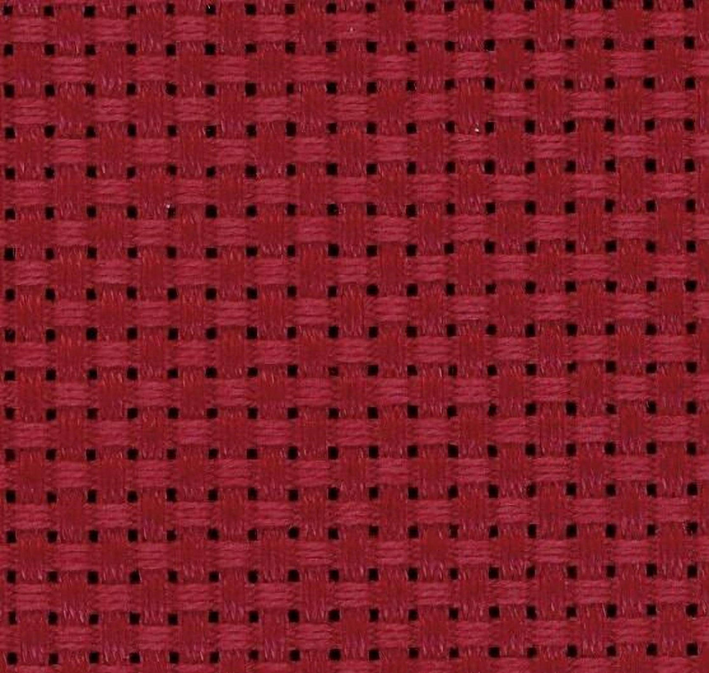 a close-up view of a red fabric with a woven pattern, featuring small square holes or perforations.