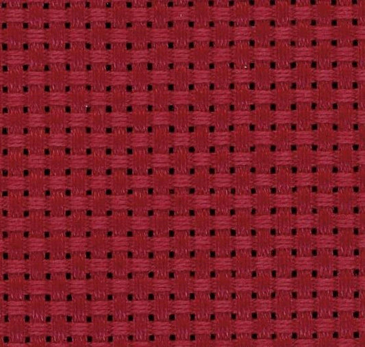 a close-up view of a red fabric with a woven pattern, featuring small square holes or perforations.