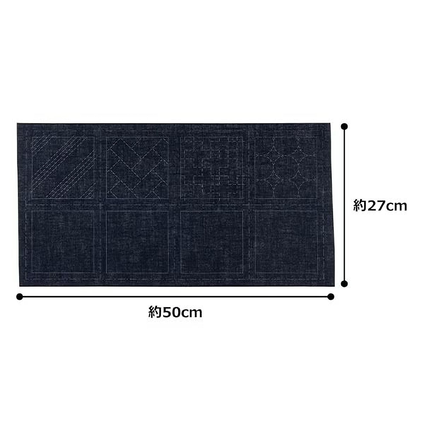 a large rectangular fabric with various geometric patterns and designs, including squares, diamonds, and lines. The fabric appears to be dark in color, possibly black or navy blue. The image is described as having a width of 9.7 centimeters and a height of 50 centimeters.