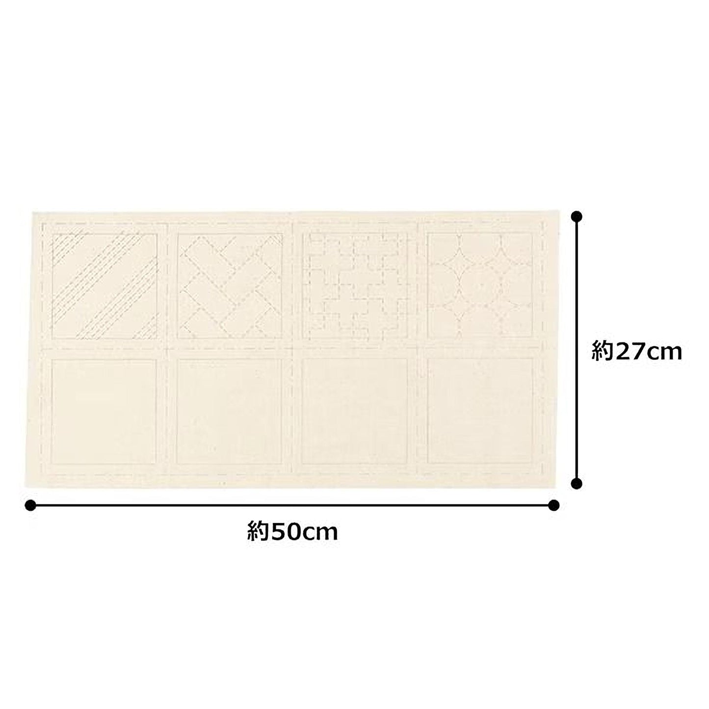 a large piece of fabric with six different patterns or designs printed on it, along with measurements indicating it is 50 centimeters wide.