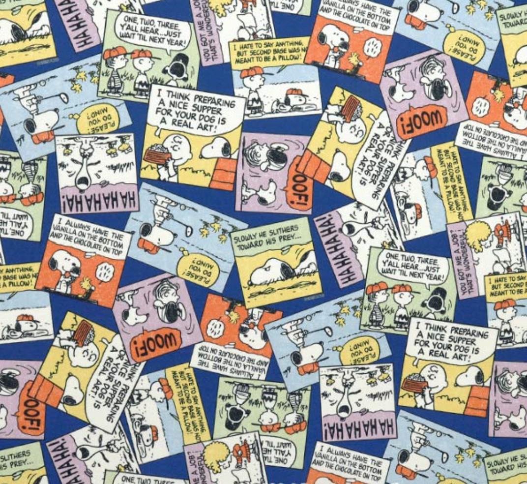 The image is a collage of various colorful and detailed Peanuts comic strip panels, featuring characters such as Snoopy, Charlie Brown, and Woodstock.