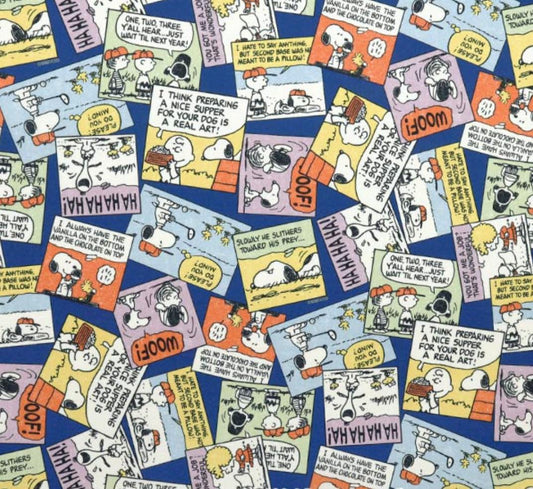 The image is a collage of various colorful and detailed Peanuts comic strip panels, featuring characters such as Snoopy, Charlie Brown, and Woodstock.