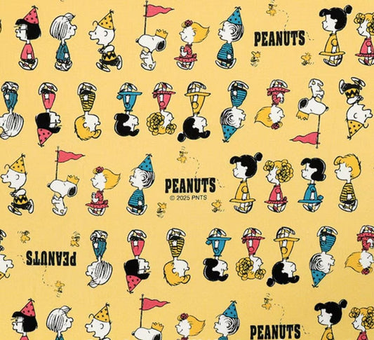 The image is a repeating pattern of various Peanuts characters, including Snoopy, Woodstock, and Charlie Brown, all wearing party hats and engaging in different activities.