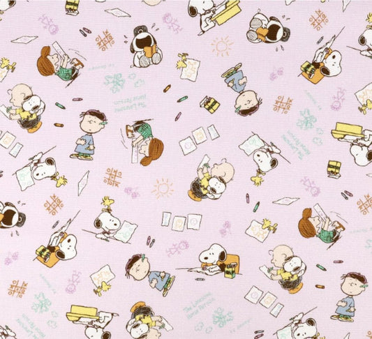 The image is a repeating pattern of various cartoon characters from the Peanuts comic strip, including Snoopy, Charlie Brown, and Woodstock, against a pink background.