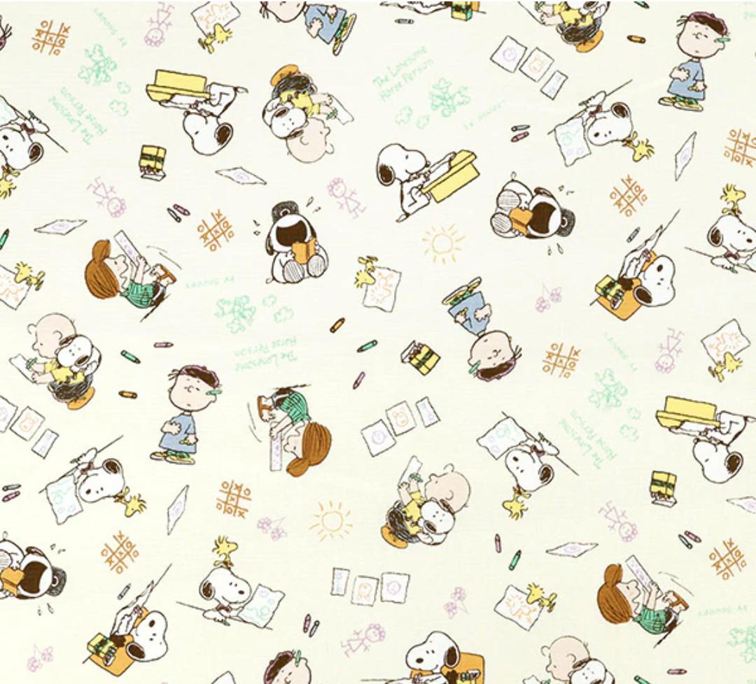 The image is a repeating pattern of various cartoon characters, including Snoopy, Woodstock, and other Peanuts characters, along with various objects such as pencils, books, and other school supplies. The characters are depicted in different poses and actions, creating a lively and dynamic visual.